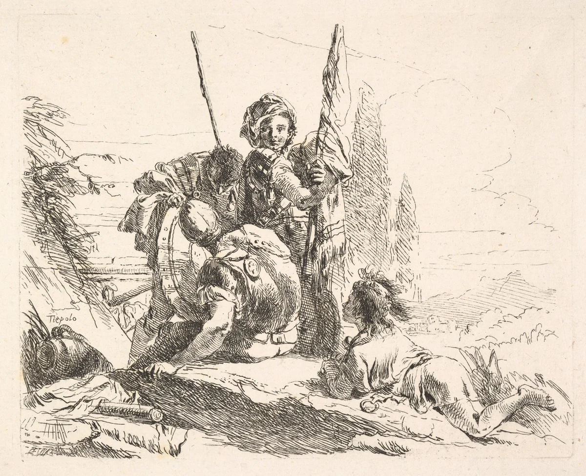 Three soldiers and a youth lying on his abdomen in a landscape, the soldiers bear armor and a flag, from "The Capricci" by Giovanni Battista Tiepolo, print, 1740-1742