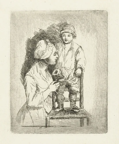 Een moeder zet een knoop aan de broek van haar zoon by Louis Bernard Coclers, print, 1756-1817