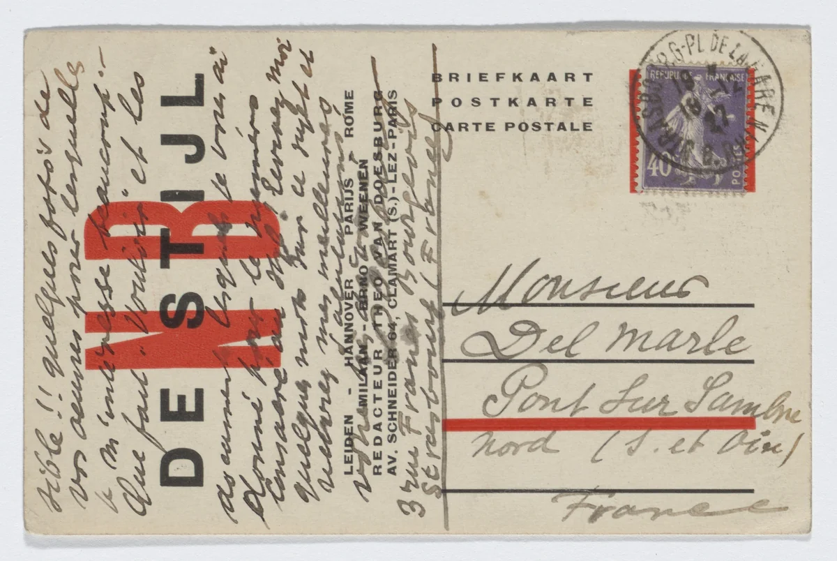 De Stijl NB stationery postcard (Addressed to Del Marle) by Theo van Doesburg, design, 1927