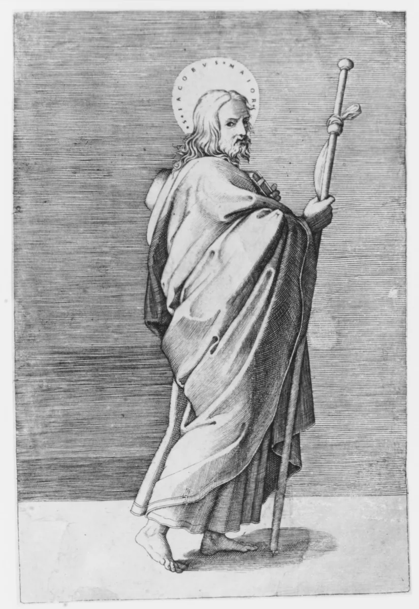 Saint James the Major turned towards right, holding staff by Marcantonio Raimondi, print, 1495-1555