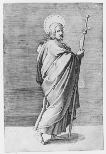Saint James the Major turned towards right, holding staff by Marcantonio Raimondi, print, 1495-1555