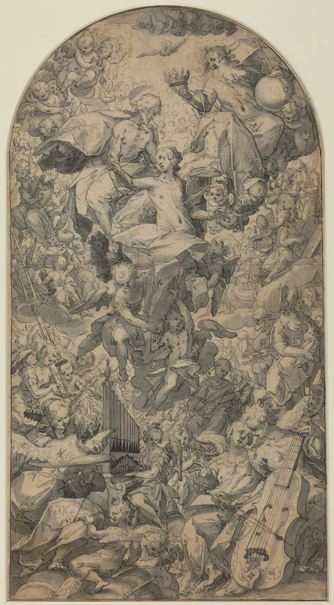 The Coronation of the Virgin with Angel Musicians and All Saints by Master J.N., drawing, 1590