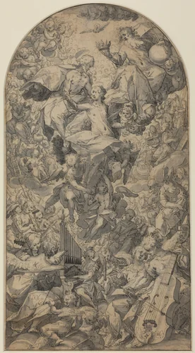 The Coronation of the Virgin with Angel Musicians and All Saints by Master J.N., drawing, 1590