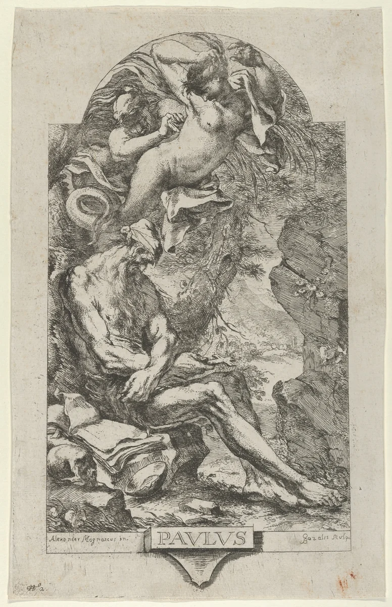 Saint Paul of Thebes tempted by a demon, after Magnasco by Bartolommeo Gazalis, print, 1715-1725