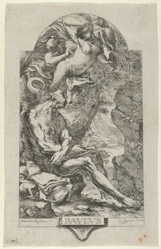 Saint Paul of Thebes tempted by a demon, after Magnasco by Bartolommeo Gazalis, print, 1715-1725
