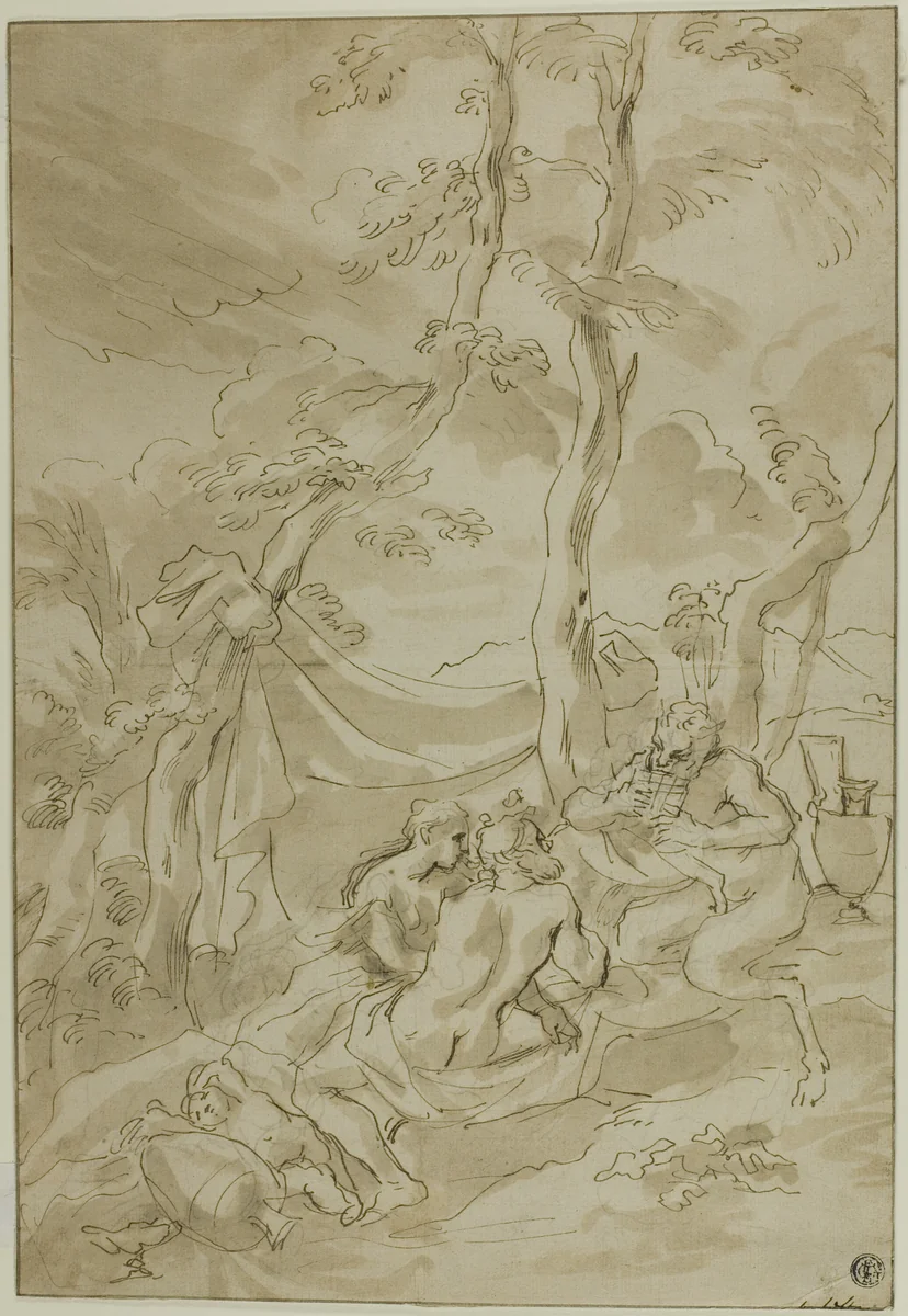 Bacchanale, with Satyr Playing Reeds by Bartolomeo Biscaino, drawing, 1622-1657