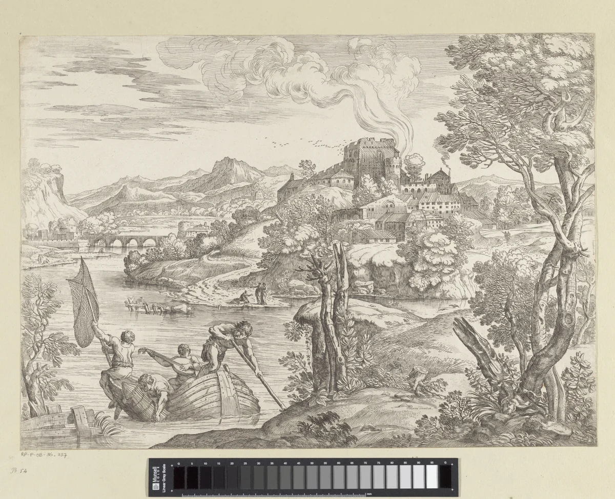 Landschap met luitspeler by Giovanni Francesco Grimaldi, print, 1616-1680