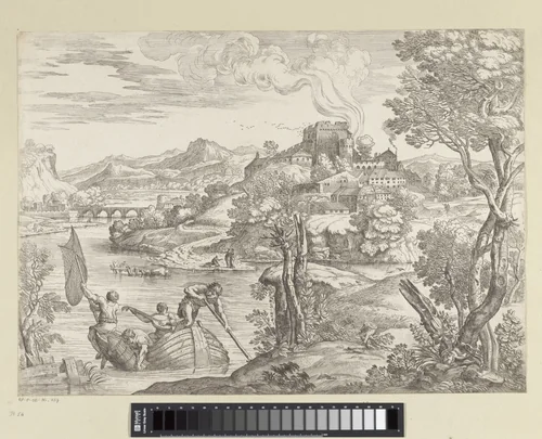 Landschap met luitspeler by Giovanni Francesco Grimaldi, print, 1616-1680