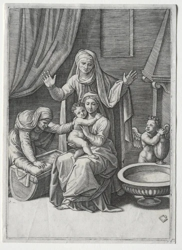 The Virgin and the Cradle with Saint Elisabeth and Saint Anne by Marcantonio Raimondi, print, 1520