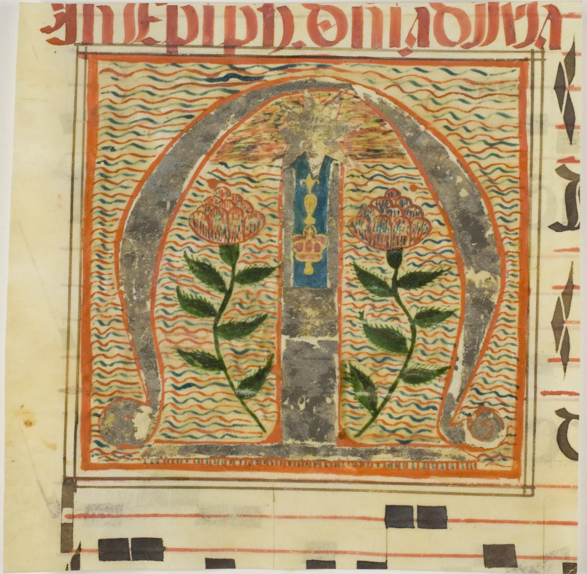 Decorated Initial "M" with Roses and a Medal from a Manuscript by European, painting, 1300-1500