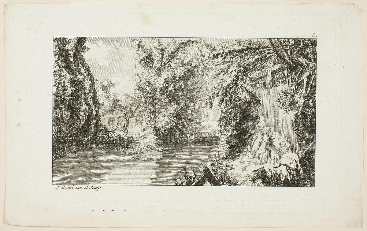 Landscape with a Walker and a Cascade, plate 5 from the second suite Livre de paysages (Book of Landscapes) by Jean-Pierre-Louis-Laurent Hoüel, print, 1758