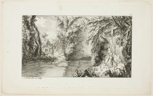Landscape with a Walker and a Cascade, plate 5 from the second suite Livre de paysages (Book of Landscapes) by Jean-Pierre-Louis-Laurent Hoüel, print, 1758