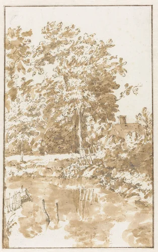 Oever van een water, met bomen en een huis by Jan de Bisschop, drawing, 1648-1671