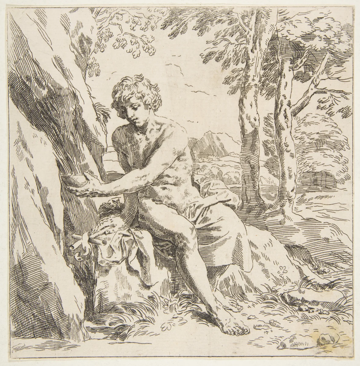 Saint John the Baptist in the desert, copy in reverse after Cantarini by Simone Cantarini, print, 1632-1642