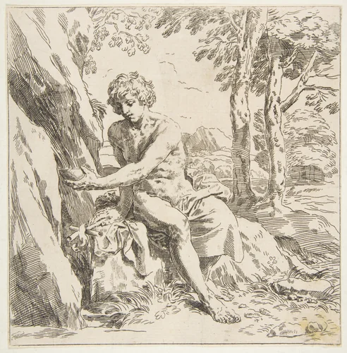 Saint John the Baptist in the desert, copy in reverse after Cantarini by Simone Cantarini, print, 1632-1642