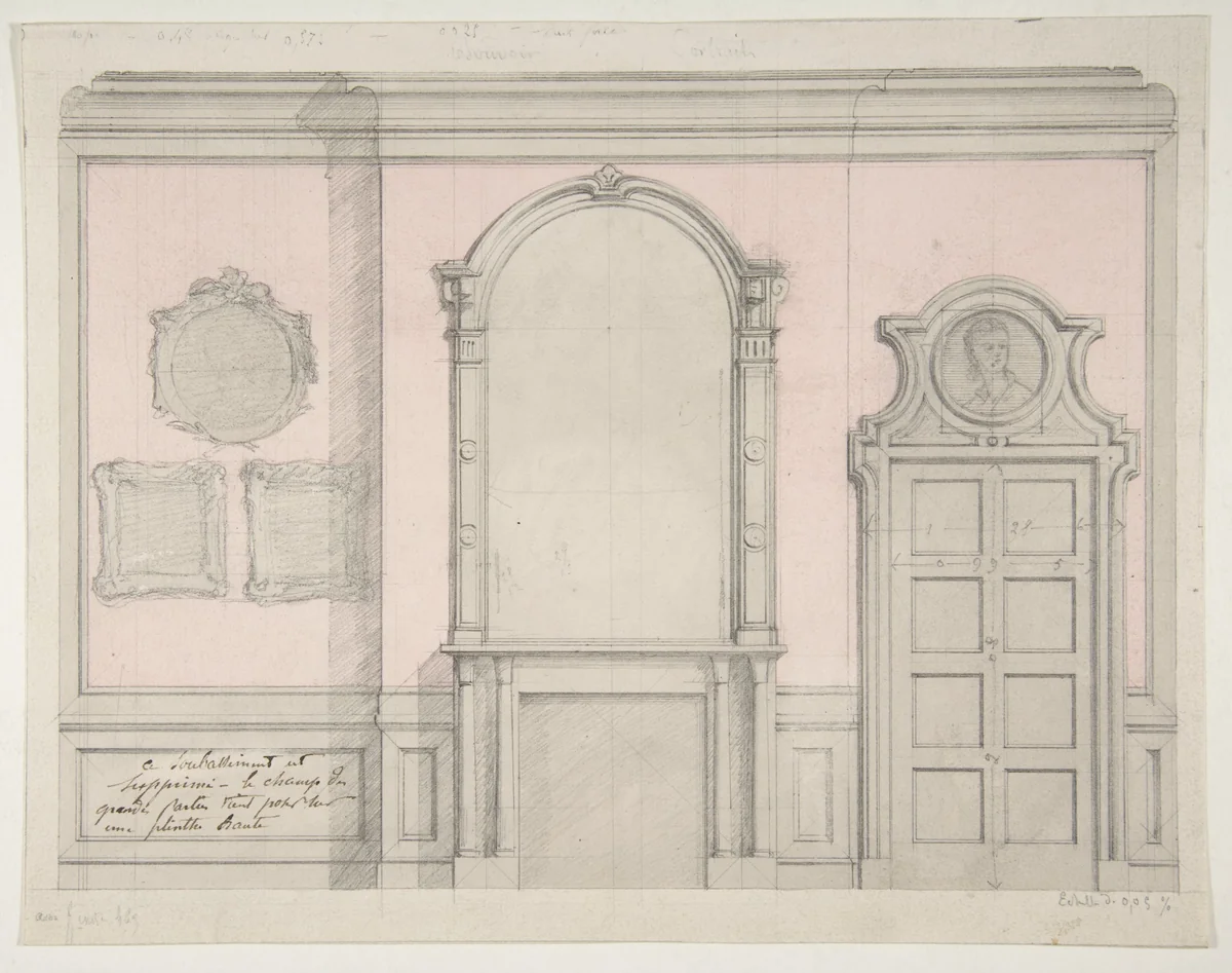 Design for treatment of a chimney-piece and adjacent door by Jules-Edmond-Charles Lachaise, drawing, 1830-1897