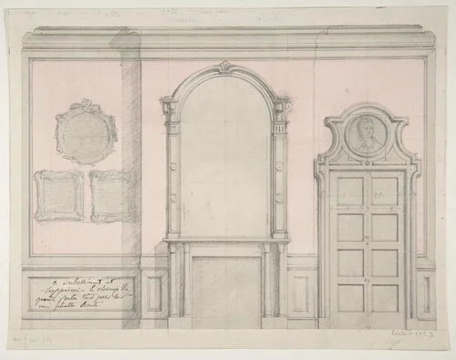 Design for treatment of a chimney-piece and adjacent door by Jules-Edmond-Charles Lachaise, drawing, 1830-1897