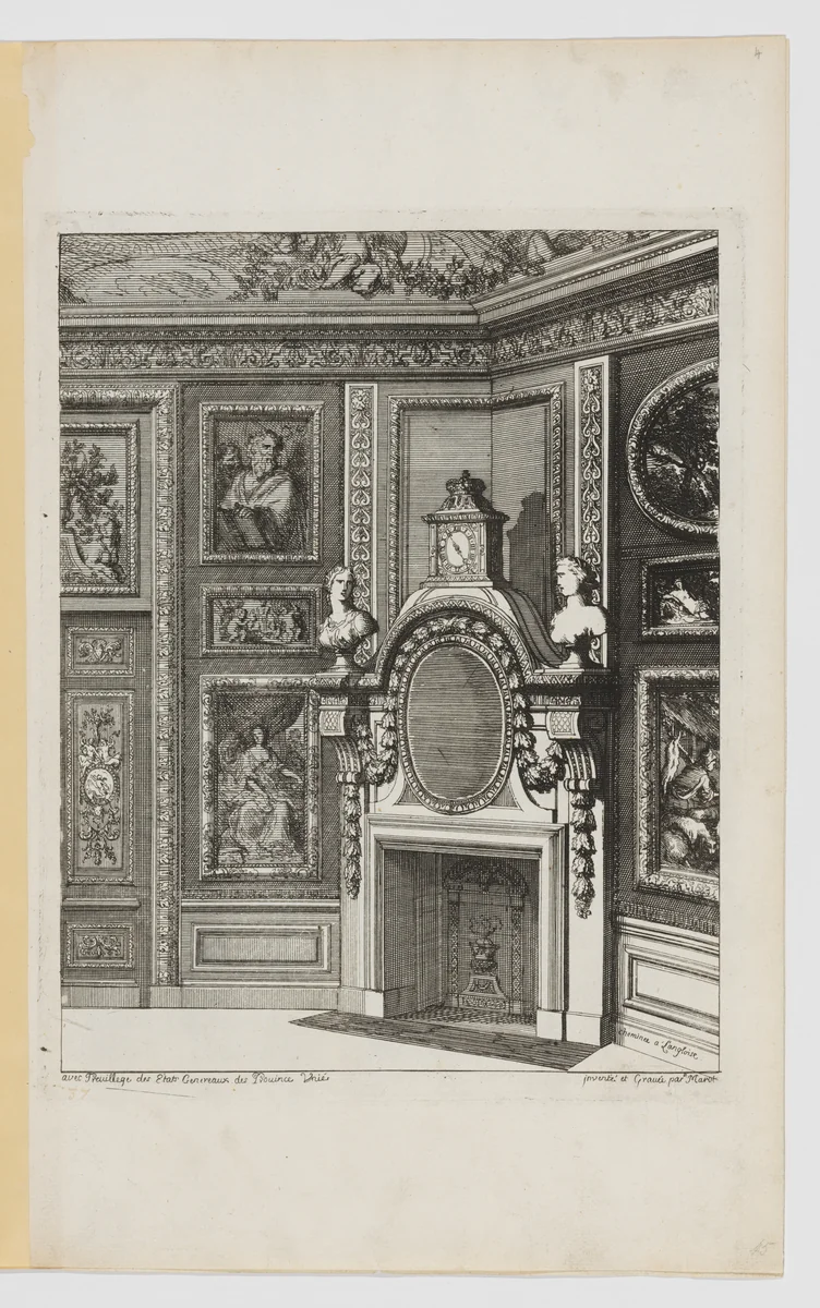 Chimney-Piece Set in the Corner of a Room, from Nouvelles Cheminées Faittes en Plusieur en Droits de la Hollande et Autres Prouinces, part of Œuvres du Sr. D. Marot by Daniel Marot, print, 1703-1712