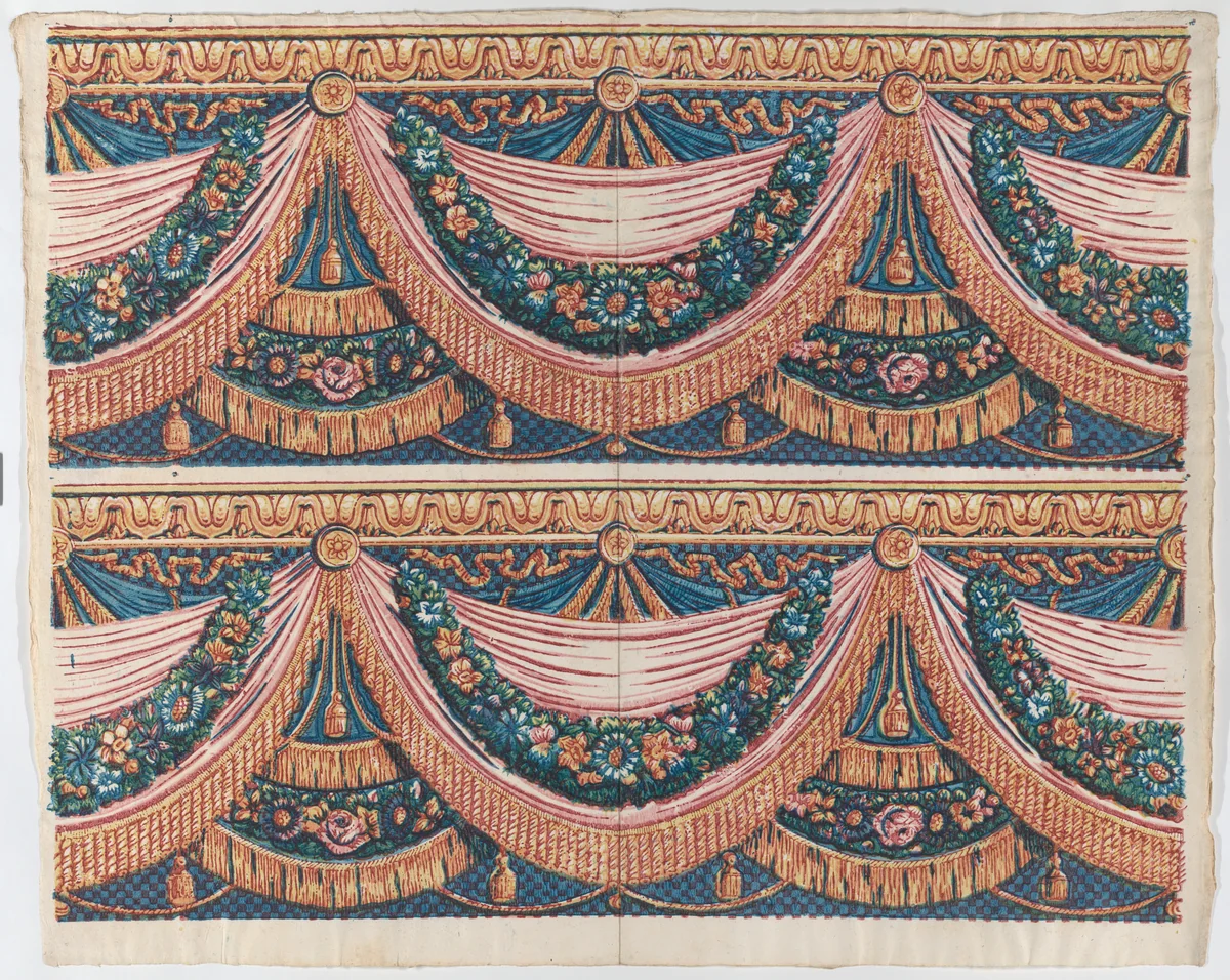 Sheet with two borders with draped curtains and floral garlands by anonymous, print, 1775-1875