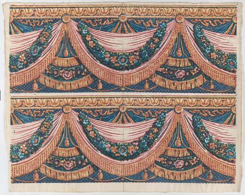 Sheet with two borders with draped curtains and floral garlands by anonymous, print, 1775-1875
