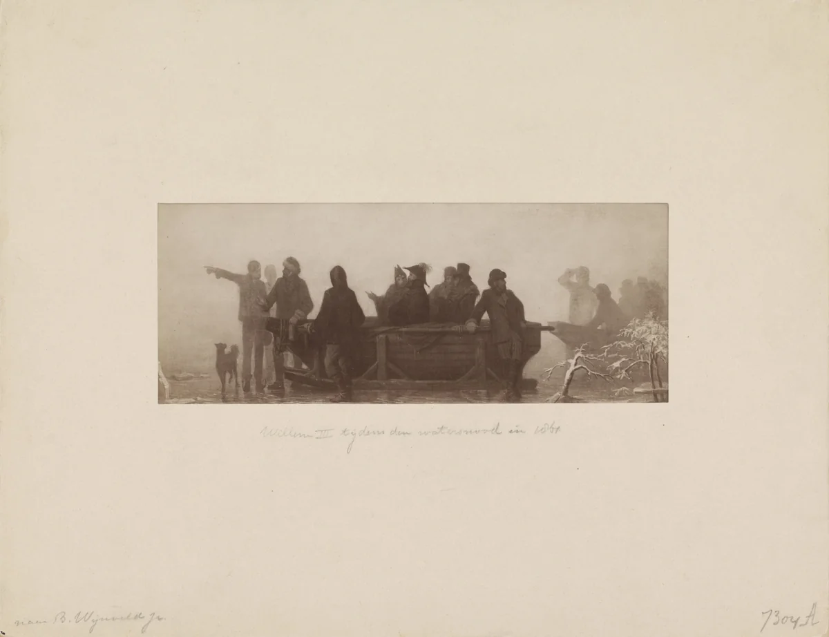 Schaatsenrijders wijzen koning Willem III de weg tijdens de watersnood in de Bommelerwaard, 1861 by anonymous, photograph, 1861-1880