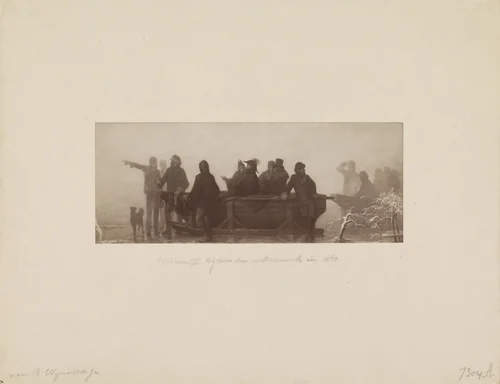 Schaatsenrijders wijzen koning Willem III de weg tijdens de watersnood in de Bommelerwaard, 1861 by anonymous, photograph, 1861-1880
