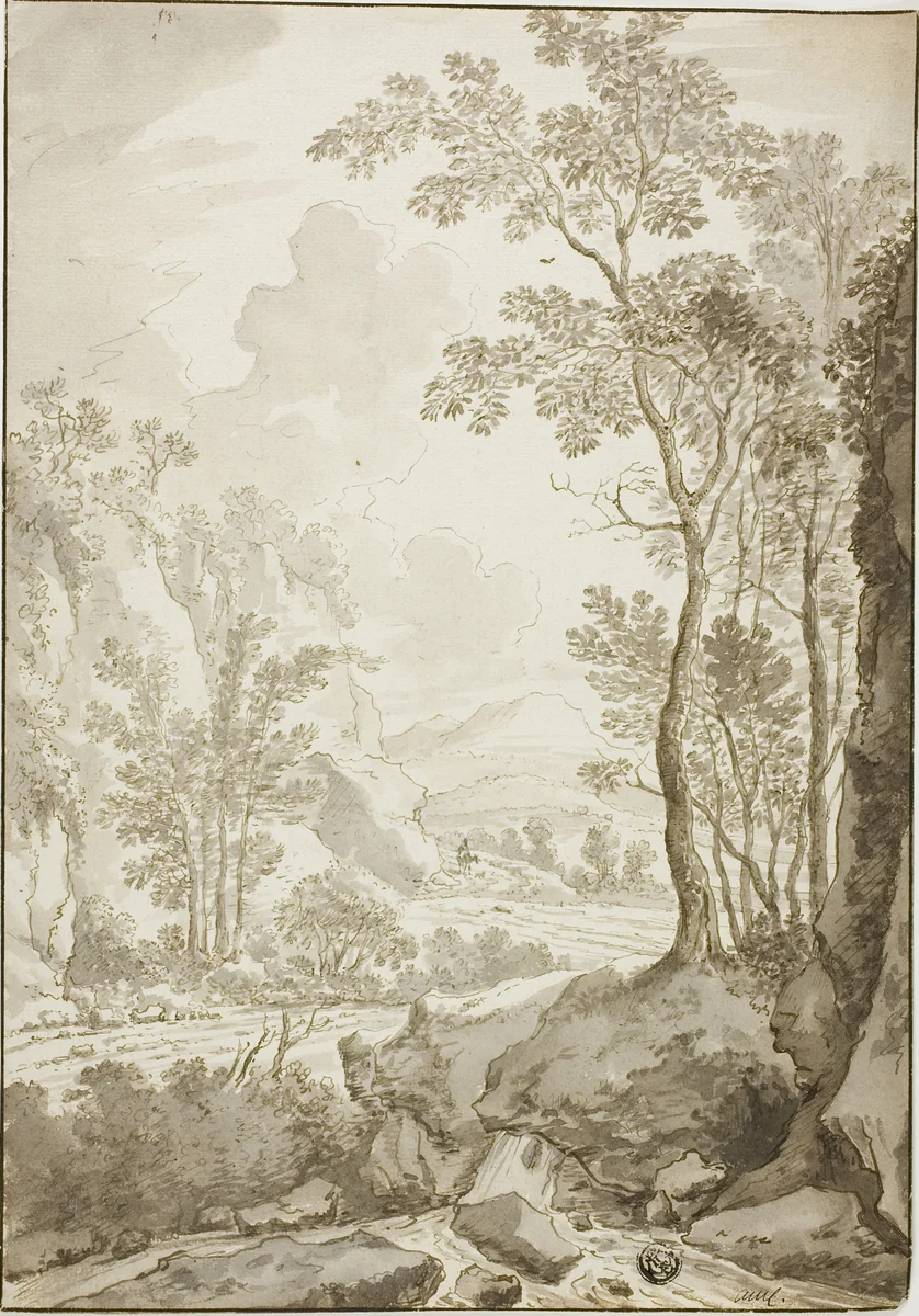 Landscape of Road through Trees and Hills; Figure on Donkey in Distance by Jan Hackaert
Jan Both, drawing, 1638-1710