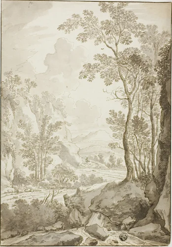 Landscape of Road through Trees and Hills; Figure on Donkey in Distance by Jan Hackaert
Jan Both, drawing, 1638-1710