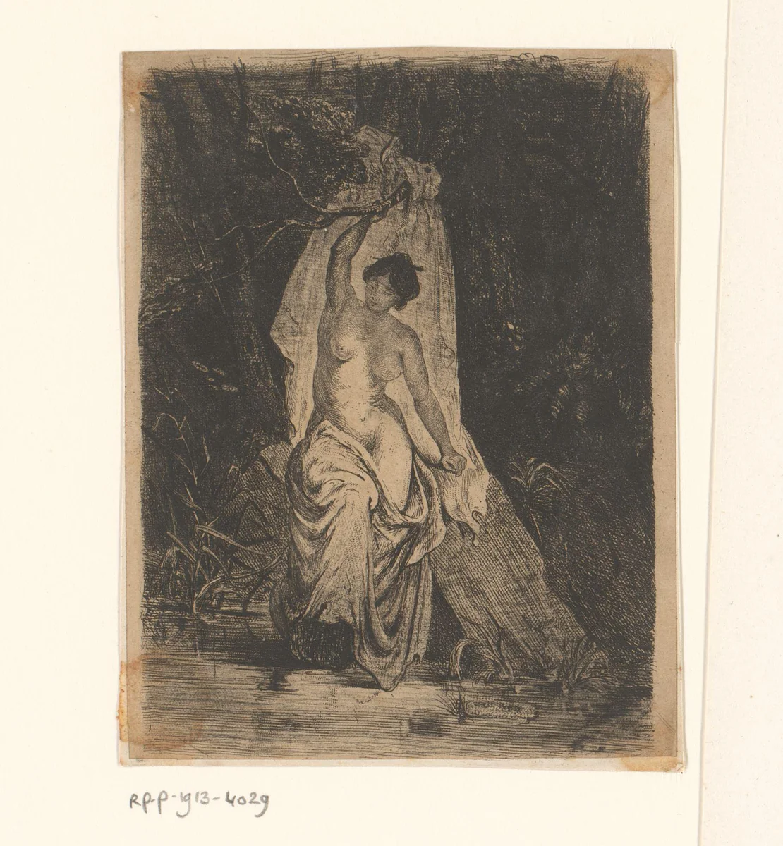 Landschap met badende vrouw by Polynice Auguste Viette, print, 1852