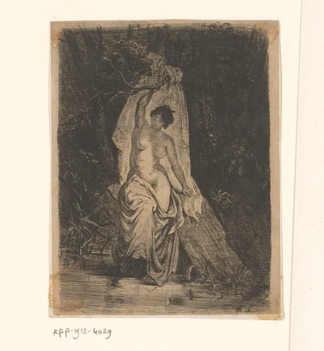 Landschap met badende vrouw by Polynice Auguste Viette, print, 1852