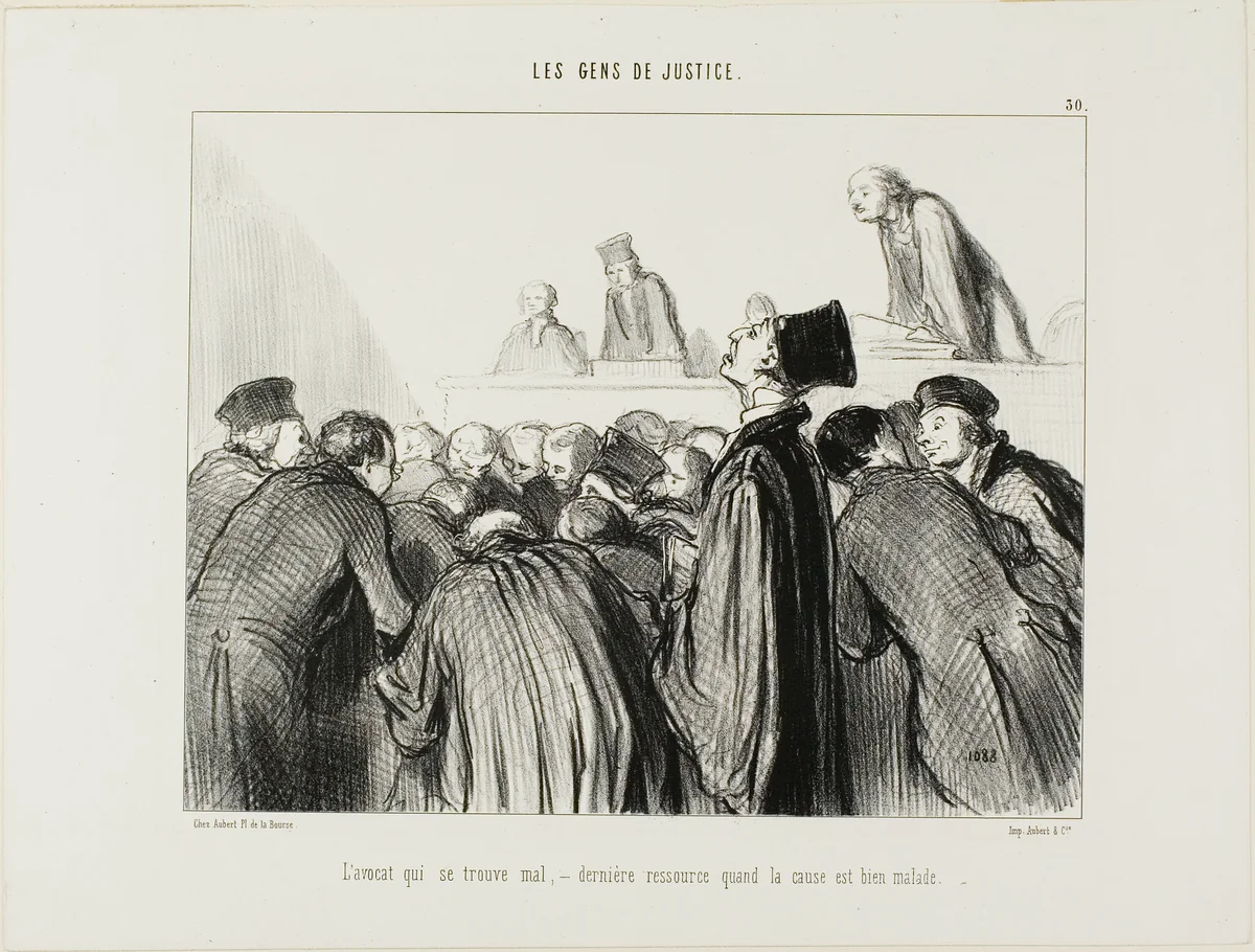 The lawyer becomes sick, a last resort when his case is beginning to also look sick, plate 30 from Les Gens De Justice by Honoré-Victorin Daumier, print, 1847