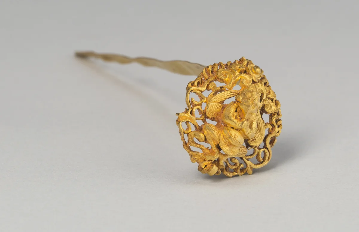 Hairpin with Head formed as Garuda Backed by Mandorla of Cloudscrolls and Flames by China, metalwork, 1101-1300