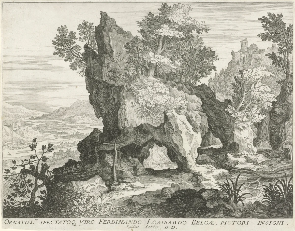Rotslandschap met de Heilige Hieronymus by Unknown, print, 1580-1629