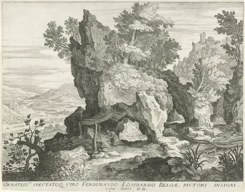 Rotslandschap met de Heilige Hieronymus by Unknown, print, 1580-1629