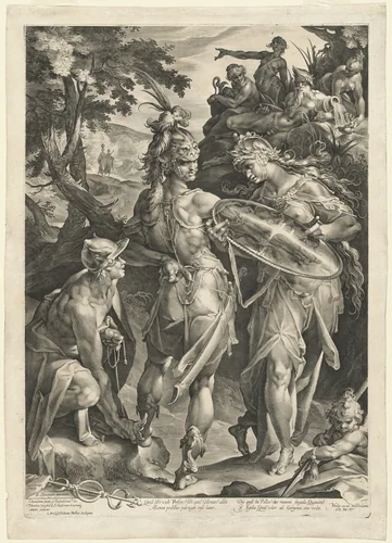 Minerva and Mercury Arming Perseus by Jan Muller; Bartholomaeus Spranger, print, 1604