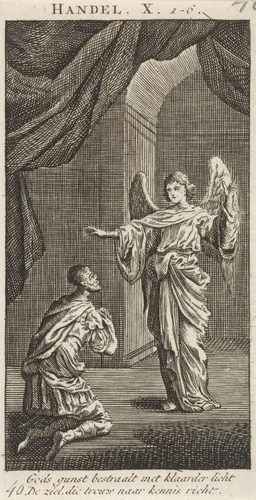 Cornelius knielt voor de tot hem gezonden engel by anonymous, print, 1712