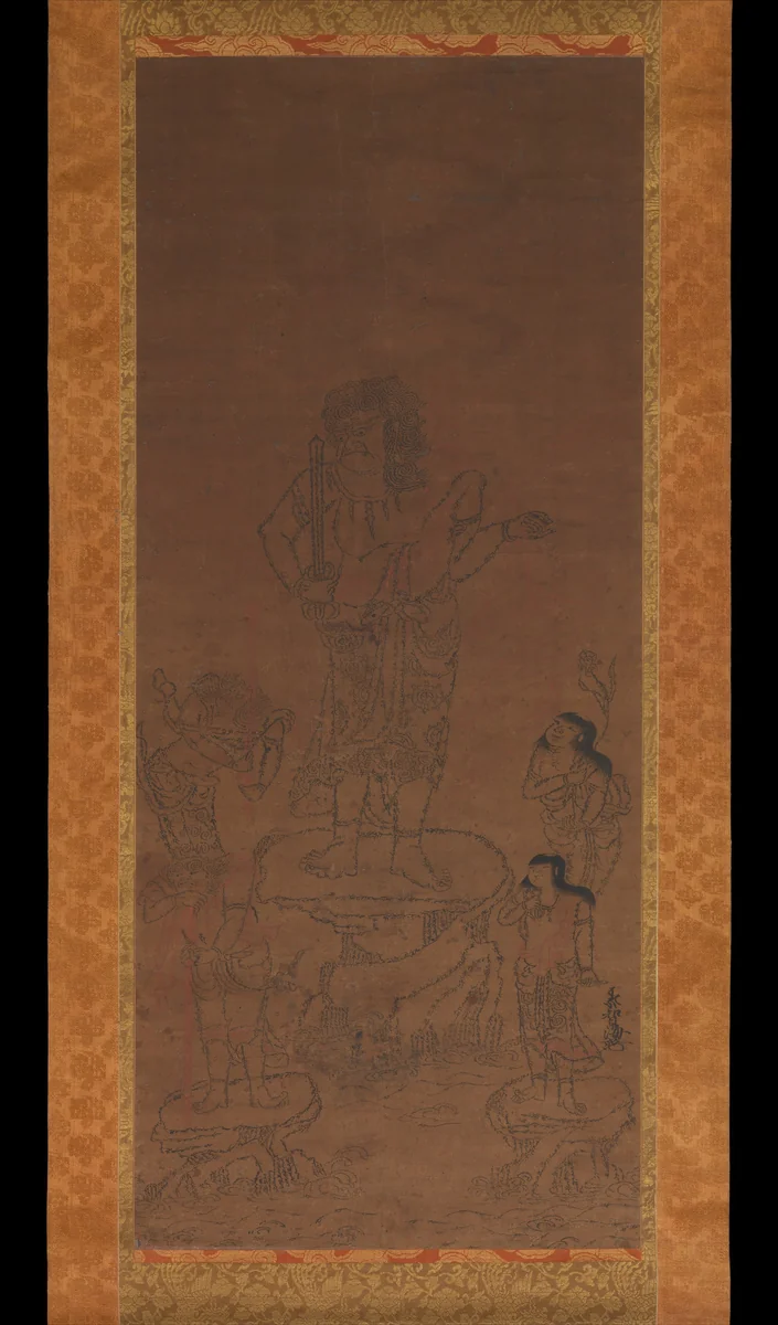 Fudō Myōō with Four Attendants, Outlined in Seed Syllables by Chikai (智海), painting, 1450-1499