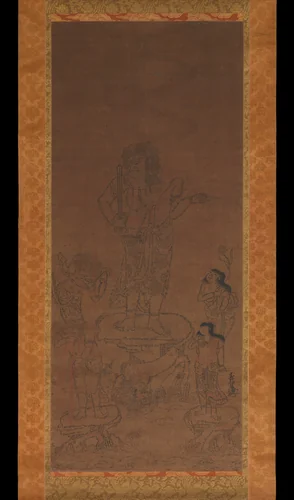 Fudō Myōō with Four Attendants, Outlined in Seed Syllables by Chikai (智海), painting, 1450-1499