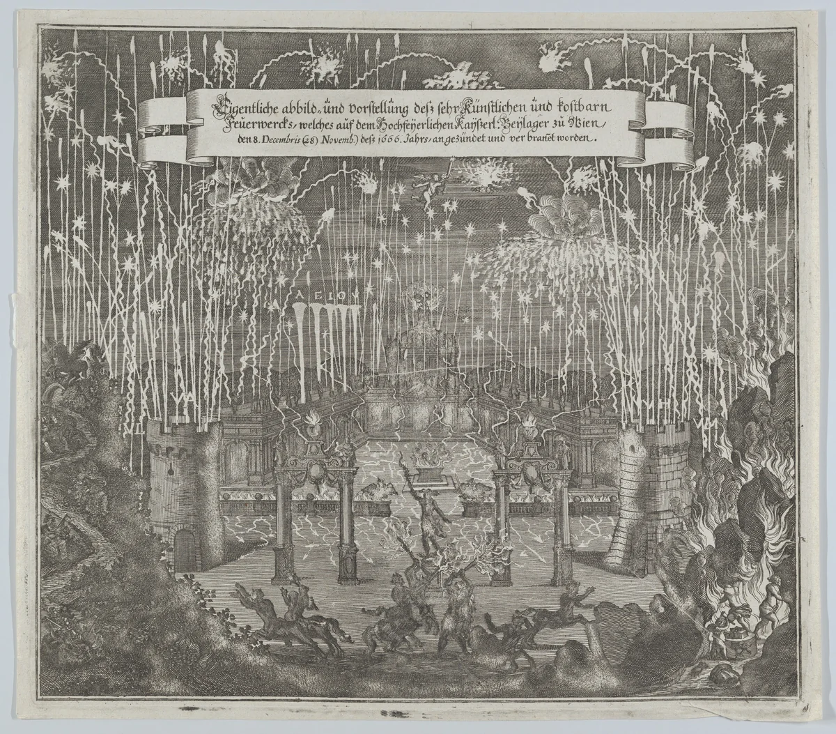 Fireworks celebrating the marriage of Emperor Leopold I and Margarita, Vienna 1666 by Melchior Küsel, print, 1666-1700