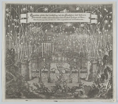 Fireworks celebrating the marriage of Emperor Leopold I and Margarita, Vienna 1666 by Melchior Küsel, print, 1666-1700