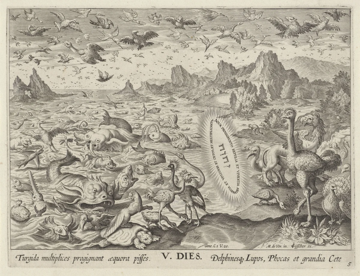 Schepping van de vogels en de zeedieren by Unknown, print, 1588-1600