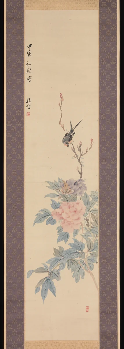 Peony and Swallow by Tsubaki Chinzan (椿椿山), painting, 1854