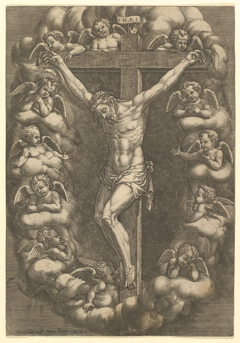 Christ crucified surrounded by mourning angels by Giorgio Ghisi, print, 1575-1579
