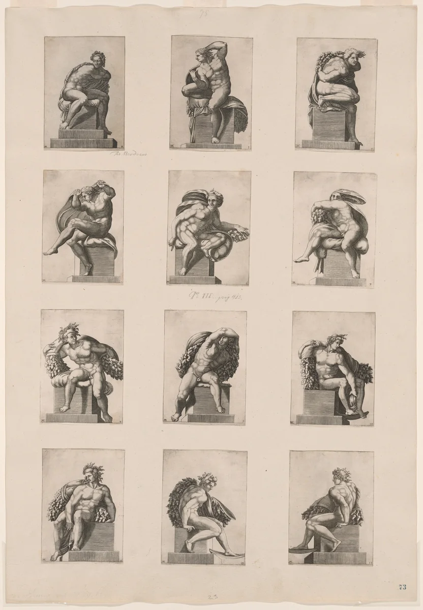 Figures from the Ceiling of the Sistine Chapel by Adamo Scultori, print, 1550-1565