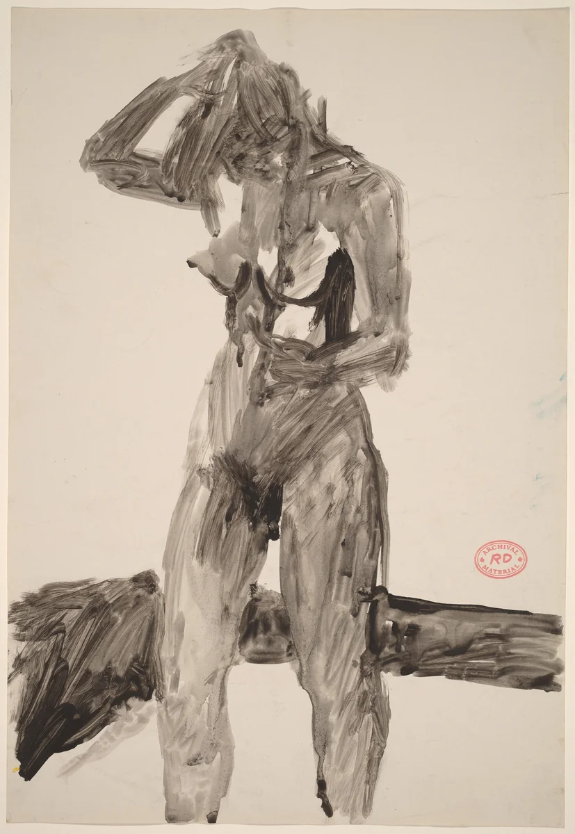 Untitled [standing nude with her right hand adjusting her hair] by Richard Diebenkorn, drawing, 1955-1967