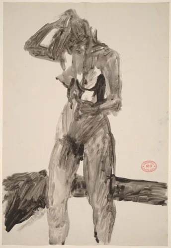 Untitled [standing nude with her right hand adjusting her hair] by Richard Diebenkorn, drawing, 1955-1967
