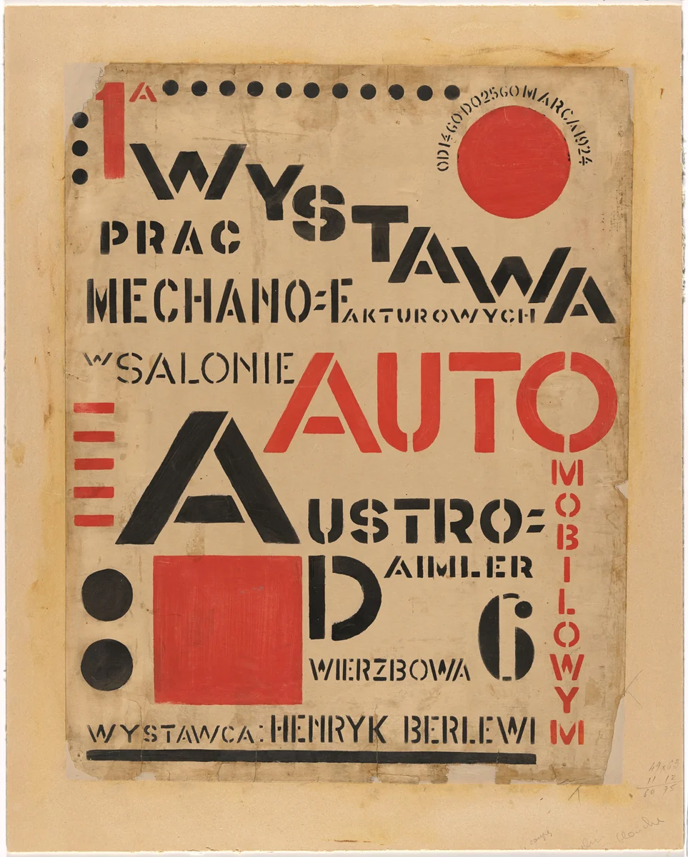 Poster for First Exhibition of Mechano-Facture (1 Wystawa prac mechanofakturowych), Austro-Daimler automobile showroom, Warsaw, March 14–25, 1924 by Henryk Berlewi, drawing, 1924