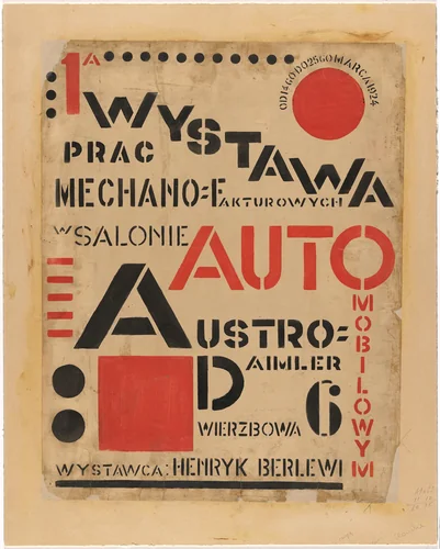 Poster for First Exhibition of Mechano-Facture (1 Wystawa prac mechanofakturowych), Austro-Daimler automobile showroom, Warsaw, March 14–25, 1924 by Henryk Berlewi, drawing, 1924