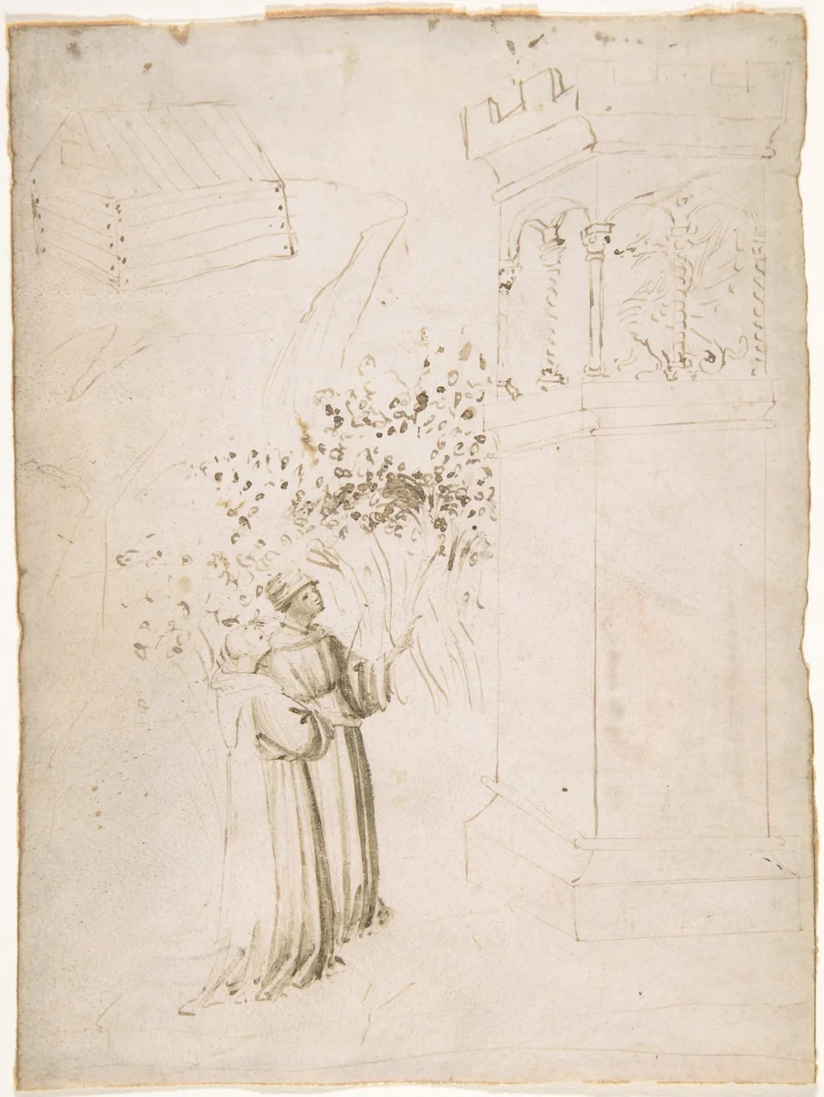 Two Monks Looking up at a Dragon in a Tower by anonymous, drawing, 1500-1550