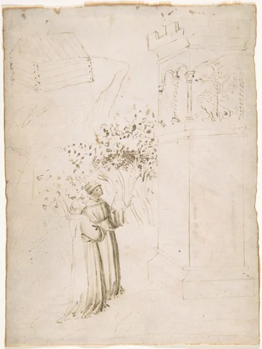 Two Monks Looking up at a Dragon in a Tower by anonymous, drawing, 1500-1550